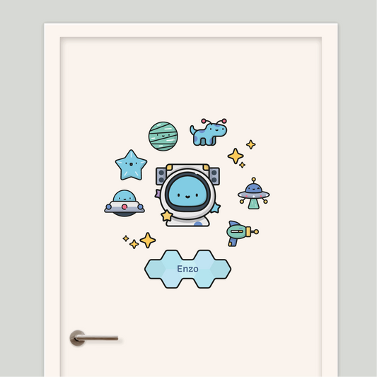 Stickers enfant décoratifs personnalisés avec prénom pour porte ou murs thème Aventures spatiales, astronautes et gentils aliens