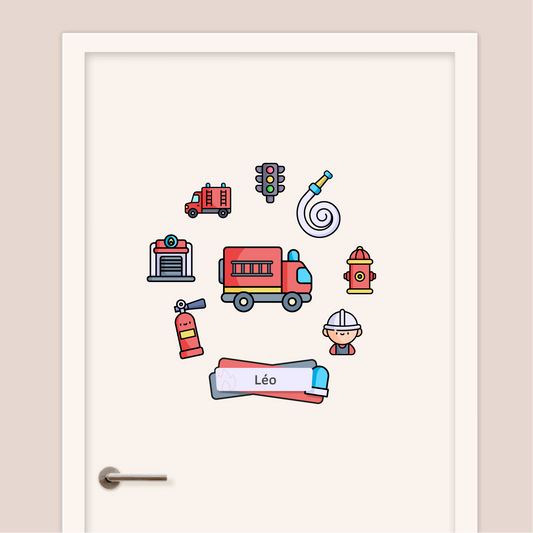 Stickers enfant décoratifs personnalisés avec prénom pour porte ou murs thème Véhicules, police et pompiers
