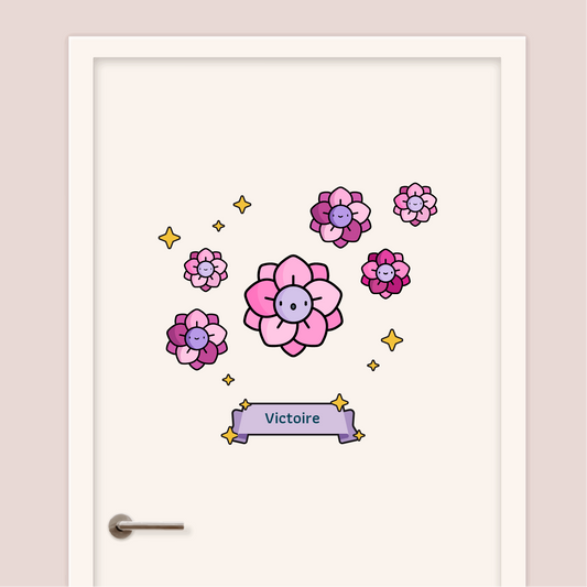Stickers enfant décoratifs personnalisés avec prénom pour porte ou murs thème Floraux et colorés