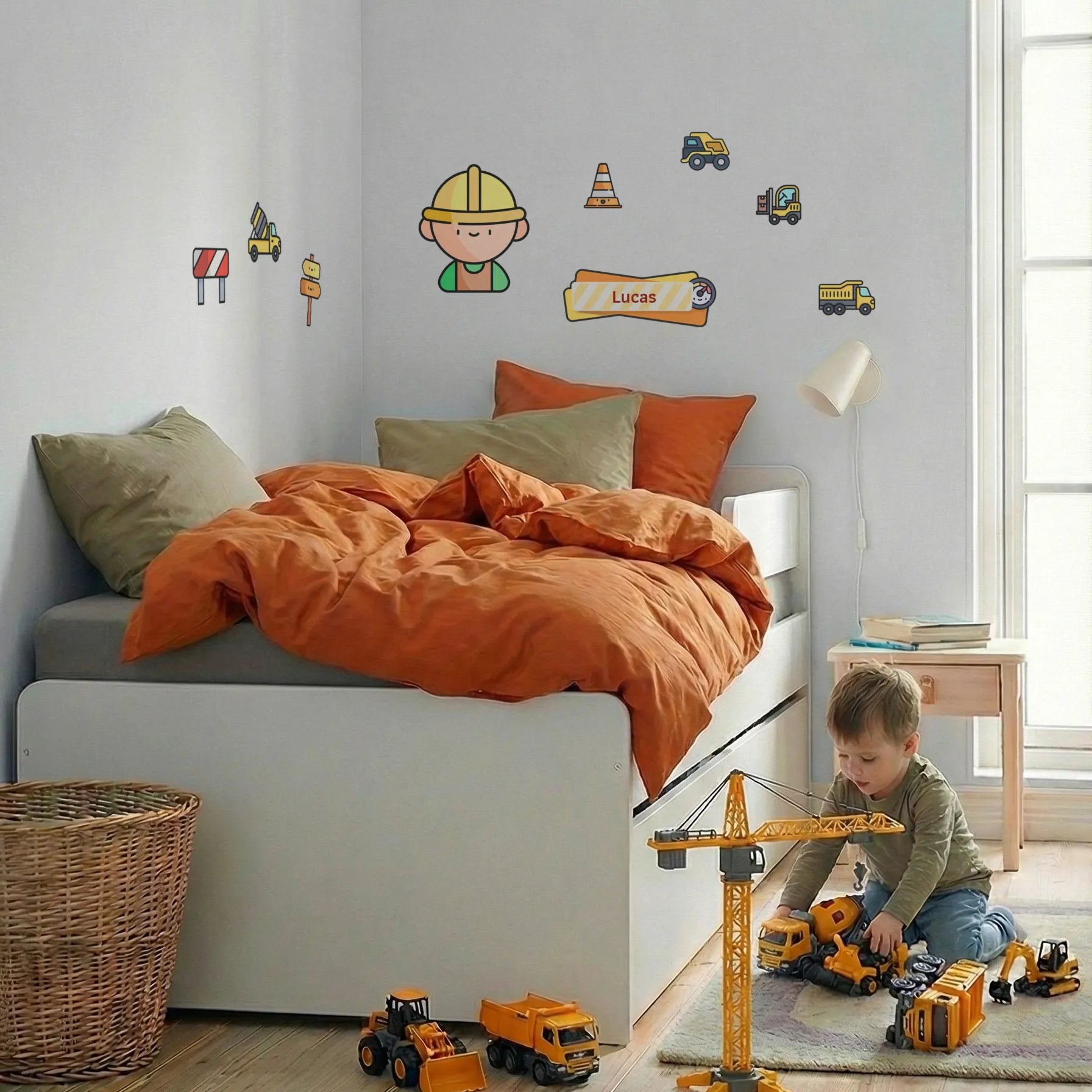Stickers enfant décoratifs personnalisés avec prénom pour porte ou murs thème chantier